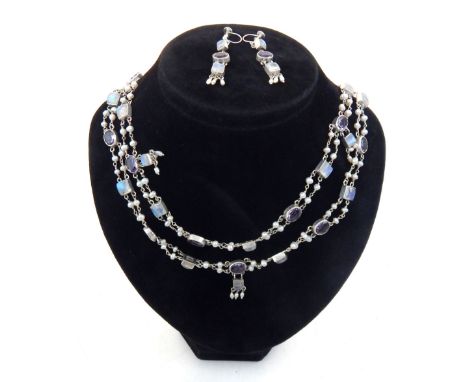 Moonstone, amethyst and pearl contemporary necklaces and earrings set in silver