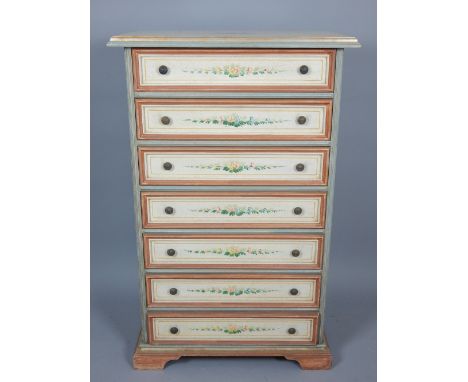 Continental polychrome floral painted tall chest of drawers, moulded top above seven drawers, bracket feet, 82cm w