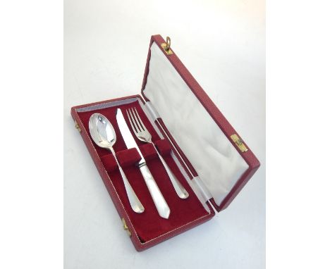 Cased silver and mother-of-pearl knife, fork and spoon christening set.