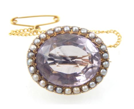 Late Victorian amethyst and seed pearl brooch / pendant, 15ct gold mount, amethyst 1.8cm 