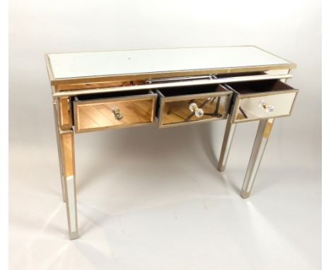 Venetian style mirrored console table, three fitted drawers on square tapered legs, 120cm w