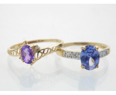 8ct yellow gold amethyst and diamond ring and a 9ct tanzanite and diamond ring