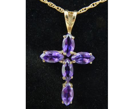 9ct yellow gold amethyst cross pendant on fine link chain
