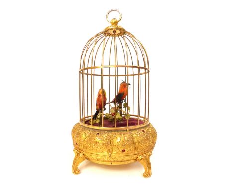 19th C style Swiss musical automaton, song birds in a gilded cage, 26cm h