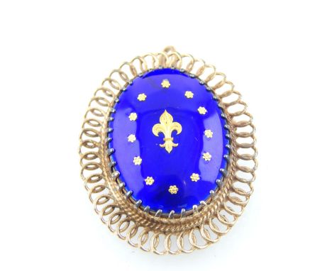 Electric blue enamel pendant with fleur-de-lis motif, hoop 9ct gold mount