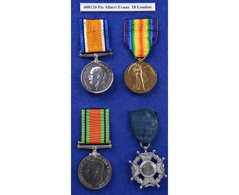 Four medals named or attributed to Private Albert Evans, 18th Battalion London Regiment: British War Medal 1914-20 and Victor