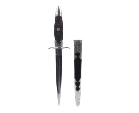 A Japanese miniature dirk, of European form, stout double edged blade 5 in., hilt with foliate engraved mounts and finely car