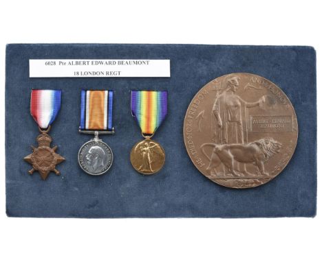 A Great War trio to fatal casualty Private Albert Edward Beaumont, 1st/18th Battalion London Regiment (London Irish Rifles): 