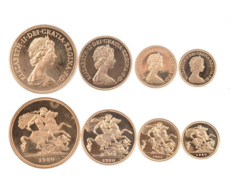 Elizabeth II, gold proof set, 1980, comprising: five pounds, two pounds, sovereign and half sovereign, in Royal Mint case of 