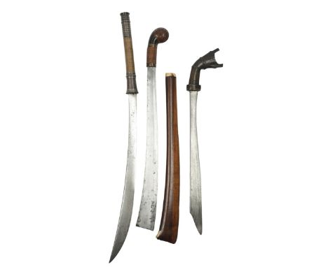 λ Three South East Asian weapons: a Burmese sword (dha), curved blade 21.5 in., long hilt with silver collar and pommel, the 