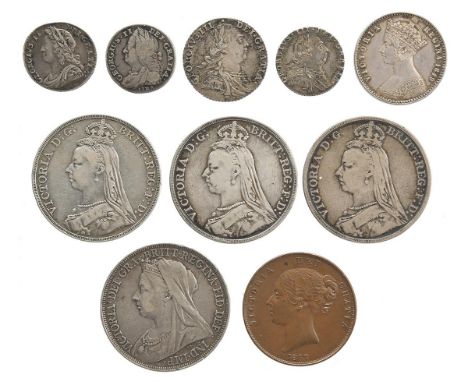 A quantity of Hanoverian and later coins, including: George II, silver sixpence, 1731, young bust, roses and plumes (S 3707),