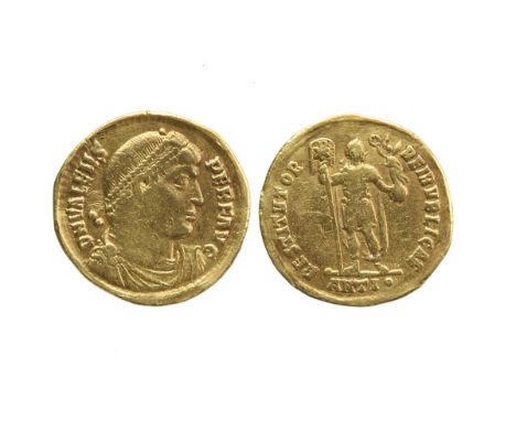 Imperial Rome: Valens (328-378), gold solidus, Antioch, pearl diademed and draped bust right, DN VALENS PERF AUG, rev. Empero