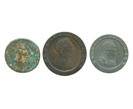 A small quantity of Stuart and Hanoverian copper coins, including: Ireland, James II, half crown, 1689, 'gunmoney' issue (S 6