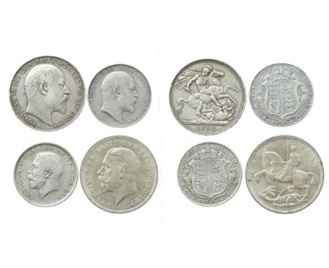 A quantity of 20th century British crowns and half crowns, including: Edward VII, silver crown, 1902 (S 3978), edge knocks, g