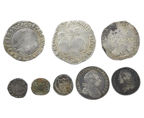 A small collection of coins, comprising: James I, silver shilling, second or third issue, 5.38g, about fair; Charles I, silve