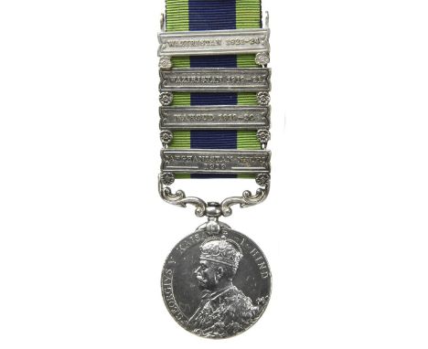 An India General Service Medal 1908-35 to Gunner Charles Allinson, Royal Garrison Artillery, 2nd type obverse, 4 clasps: Afgh