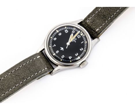 A 1953 Omega Military Royal Air Force (RAF) "Fat Arrow" stainless steel wristwatch, 37mm case, running, black dial, rear cove