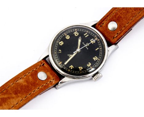 A 1953 Omega Military Royal Air Force (RAF) "Narrow Arrow" stainless steel wristwatch, 36mm case, running, black dial, rear c