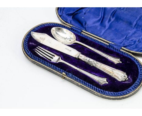 An Edwardian three piece silver Christening set by John Round &amp; Son, in fitted box, with knife, spoon and fork, Sheffield