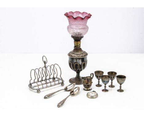 A pair of Victorian silver dessert spoons by John Round &amp; Son, together with a small silver cream jug, 6.6 ozt, a silver 
