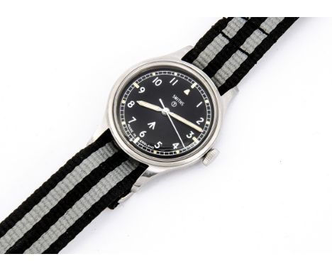 A 1970 Smiths Military British Army stainless steel wristwatch, 35mm case, running, black dial with T in circle and broad arr