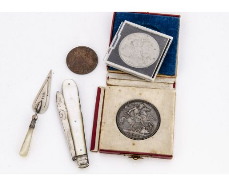 A Victorian silver and mother of pearl folding fruit knife by L &amp; S, together with a silver and mop miniature trowel book