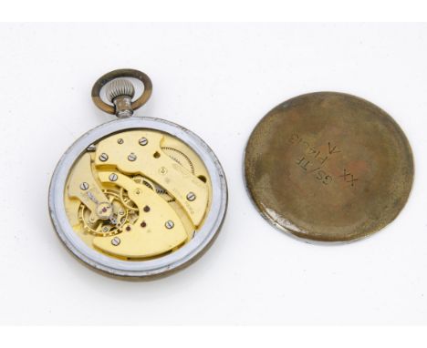 A WWII period Jaeger-LeCoultre Military chromed pocket watch, AF, 51mm with black dial, not working and overwound, case rubbe
