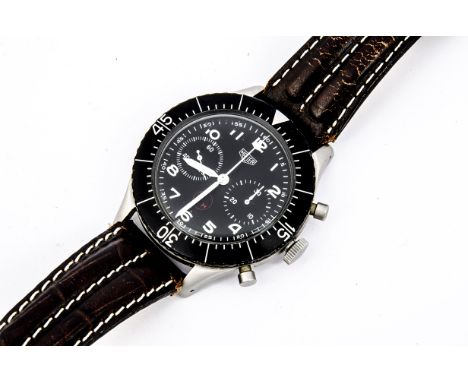 A 1970s Heuer German Military stainless steel wristwatch, 43mm case, running and stopwatch functions, black rotating bezel, b