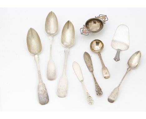 Nine silver and white metal items, including a stylish Art Deco Swedish cake slice, a tea strainer, pair of butter knives, sa