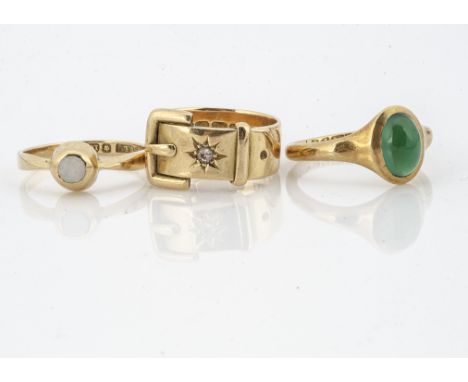 An 18ct gold diamond buckle dress ring, ring size K 1/2, together with an 18ct gold opal signet ring and a green chalcedony s