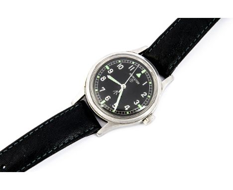 A c1970s Hamilton Military Royal Air Force stainless steel wristwatch, 36mm case, running, black dial with sweeping white sec