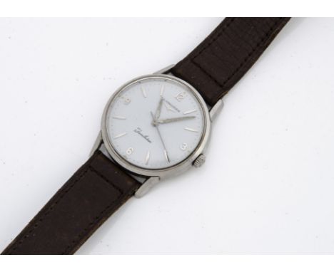 A c1970s Longines Jamboree stainless steel gentleman's wristwatch, 34mm, white dial, manual wind, appears to run, on brown le