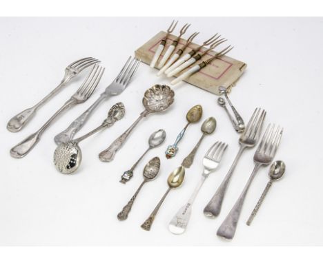A collection of silver and silver plated flatware, including a pair of George III silver old English pattern dinner forks, 4.
