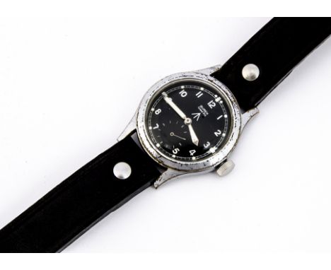 A c1940s Buren Grand Prix WWW Military "Dirty Dozen" chrome plated wristwatch, 36mm case, running, black dial with broad arro