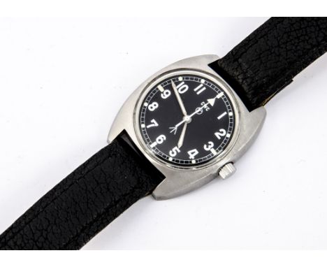 A 1970s CWC Military W-10 British Army stainless steel wristwatch, 35mm tonneau case, running, black dial with T in circle an