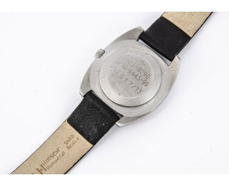A 1970s Hamilton W-10 Military Army stainless steel wristwatch, 35mm tonneau case, running, black dial with T in circle and b