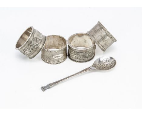 Two pairs of napkin rings and a spoon, one pair of 1940s examples with Lawrie &amp; Joan engraved, the other Chinese white me
