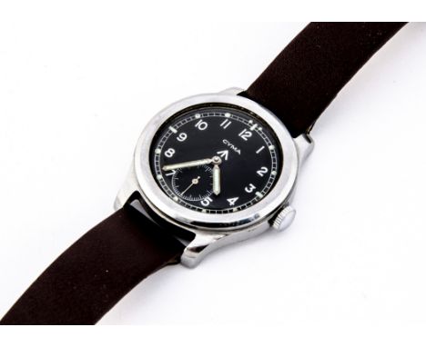 A c1940s Cyma WWW Military "Dirty Dozen" stainless steel wristwatch, 37mm case, running, black dial with broad arrow and subs