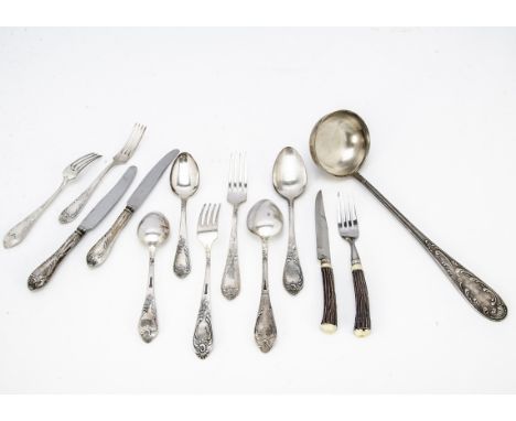 A part canteen of Russian silver plated cutlery, together with a similar soup ladle and antler style knives and forks 
