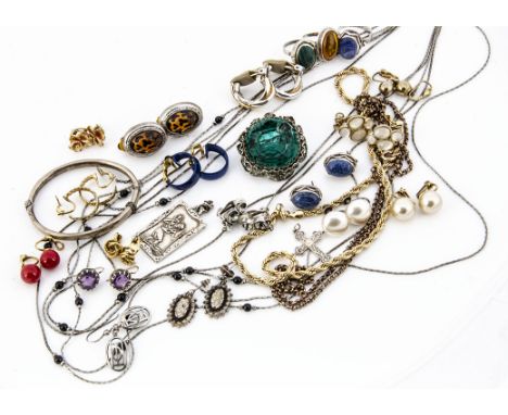 A collection of miscellaneous costume jewellery, including silver bangle, a German St Christopher, and other items 