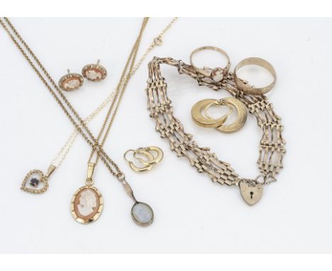 A collection of 9ct gold, including a padlock gate link bracelet, shell cameo ring, wedding band, opal doublet pendant, and o