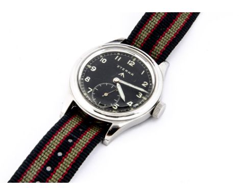 A c1940s Eterna WWW Military "Dirty Dozen" stainless steel wristwatch, 36mm case, running, black dial with broad arrow and su