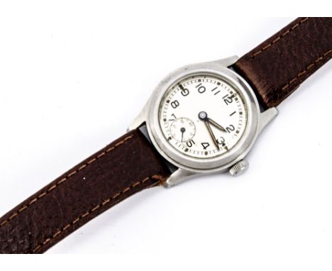 A c1940s Enicar Military Army WWII stainless steel wristwatch, 31mm case, running, silvered dial with Arabic numerals and sub