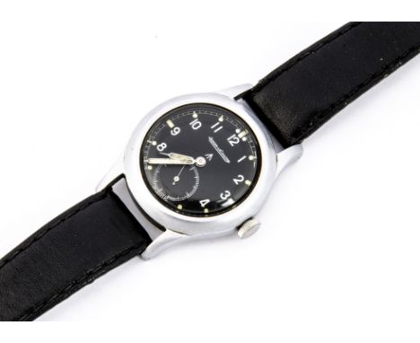 A c1940s Jaeger - Le Coultre WWW Military "Dirty Dozen" alloy wristwatch, 34mm case, running, black dial with broad arrow and