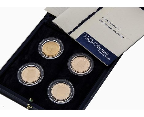 A Royal Mint Gold Portrait Collection four full sovereign set, comprising 1963, 1986, 1994 and 1998 gold sovereigns, in fitte