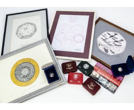 A collection of Isle of Man modern coins and other items, including several stamp presentation packs, four framed prints of c