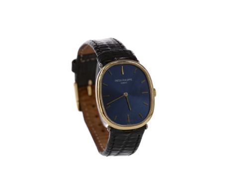 GENTLEMAN'S PATEK PHILIPPE GOLDEN ELLIPSE EIGHTEEN CARAT GOLD MANUAL WIND WRIST WATCH, the elliptical blue dial with applied 