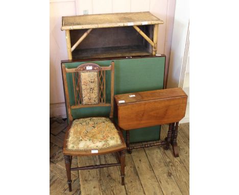 A vintage bamboo bookcase, a small inlaid child's chair, a card table and a small Edwardian Sutherland table