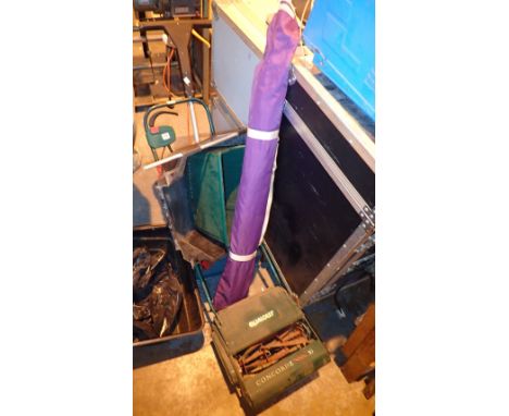Qualcast concorde 30 lawn mower and a Black and Decker lawn raker and a garden parasol  CONDITION REPORT: All electrical item