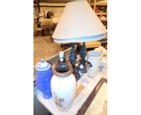 Pair of large metal table lamps with shades another lamp and three vases  CONDITION REPORT: All electrical items in this lot 